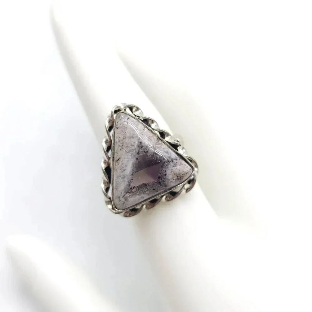 Purple Porcelain Jasper Triangle Ring Size 7.25 Silver Plated Vintage